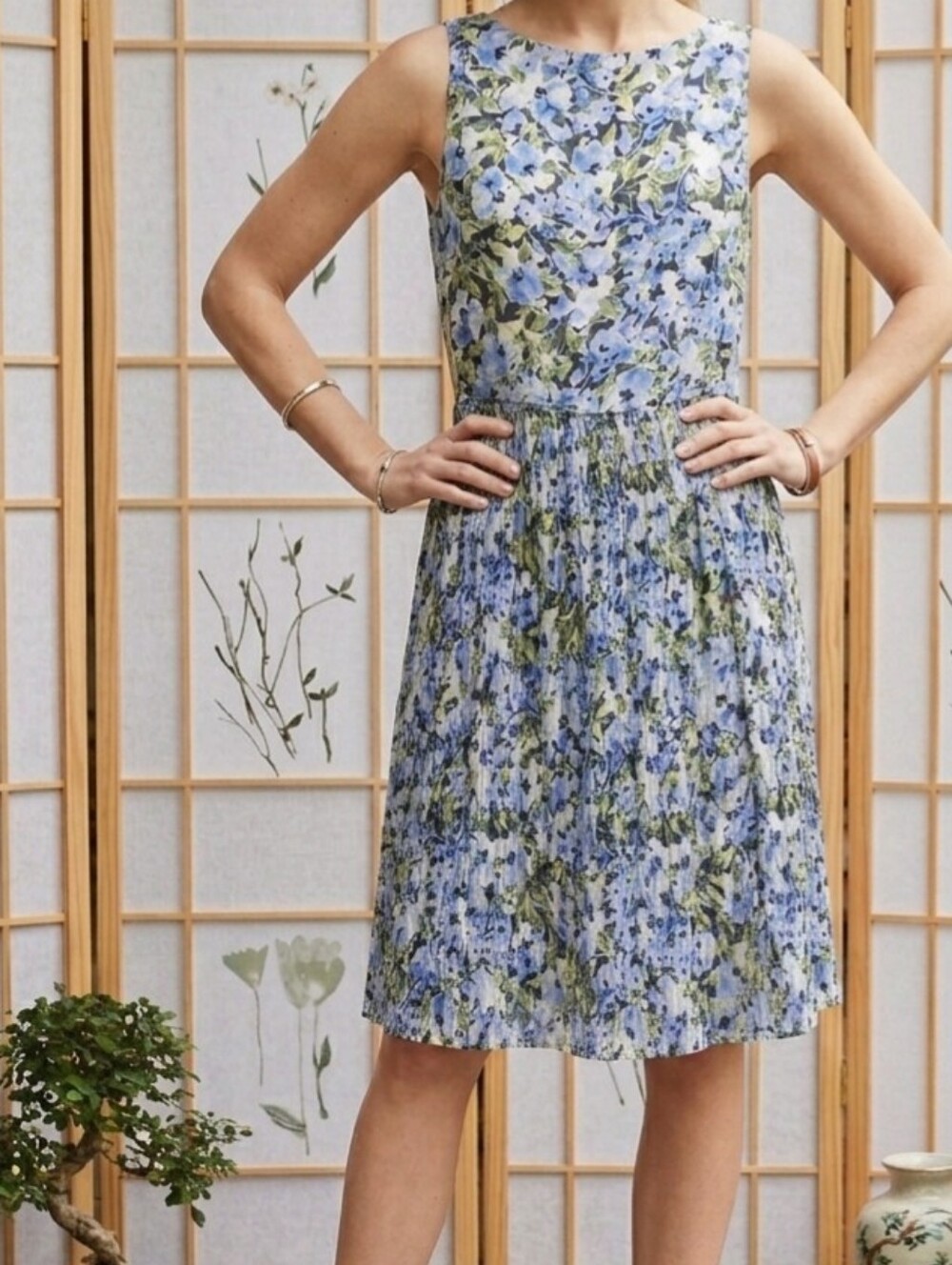 J.Jill Blue & Green Floral Sleeveless Accordian Pleated Dress Lined Size Small